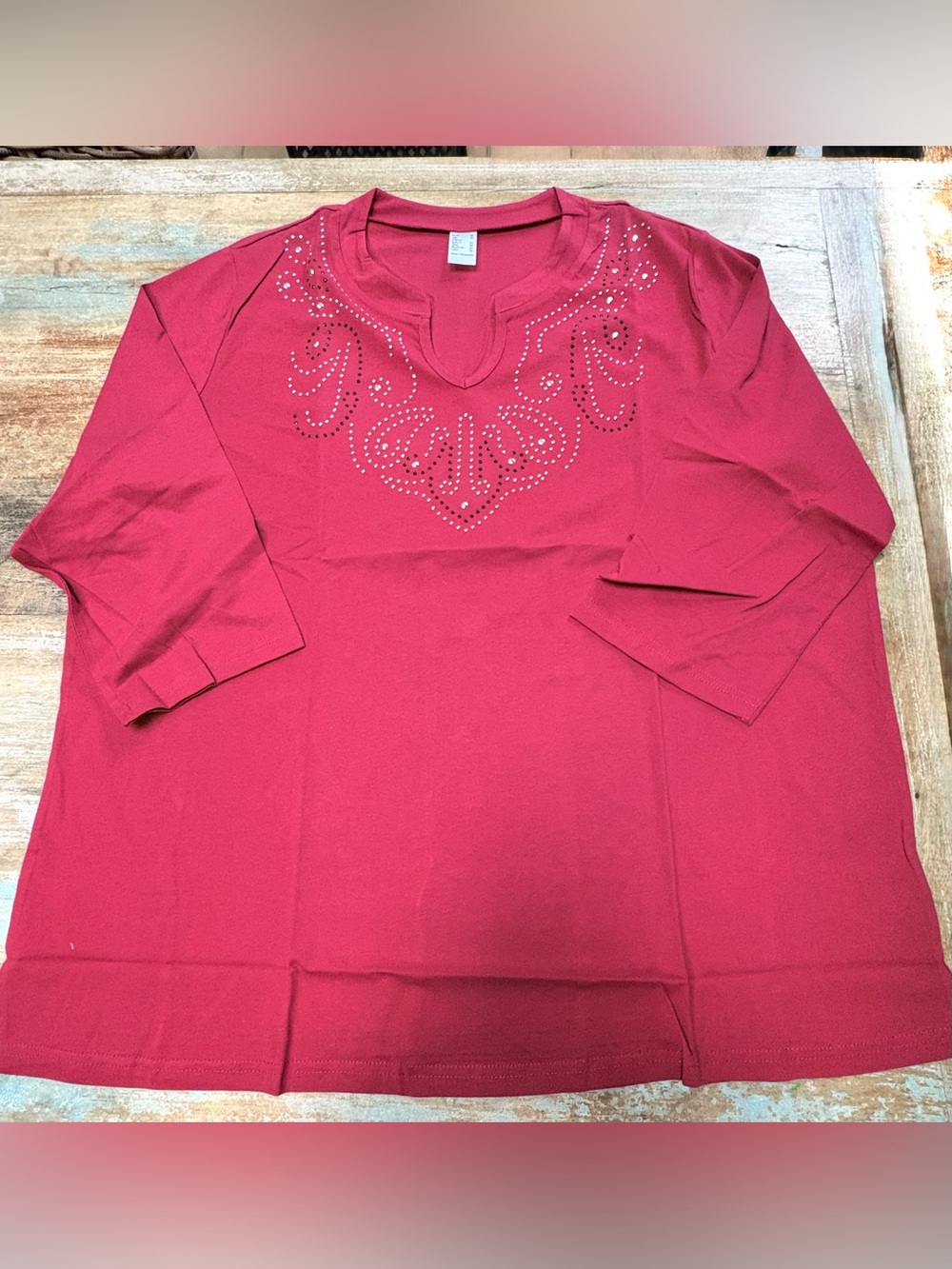 Women's Rich Red/Pink Embellished Split-Neck Top